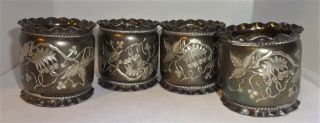 Set of 4 Antique Etched Silver Plate Napkin Rings Ruffled Edge Rope Trim 2
