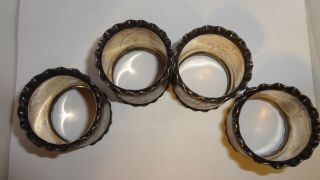 Set of 4 Antique Etched Silver Plate Napkin Rings Ruffled Edge Rope Trim 3
