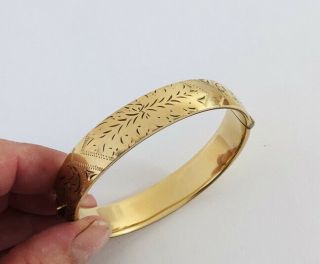 Vintage 9 Ct Gold Metal Core,  Engraved Heavy Bangle,  375