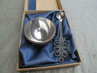 Antique Russian Silver Plate Ornate Master Salt Cellar & Spoon
