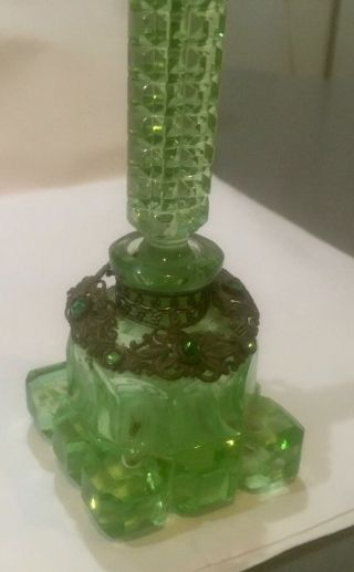 Vintage Art Deco Czech Crystal Green Jeweled Perfume Bottle