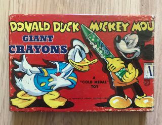 Vintage Disney Donald Duck Mickey Mouse Giant Crayons Box 8 Crayons 1949