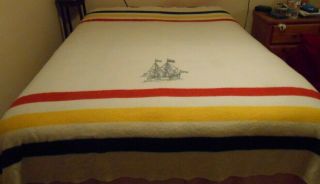 Vintage Hudson Bay Style Wool Blanket With Tall Ship Design 84 " X68 "