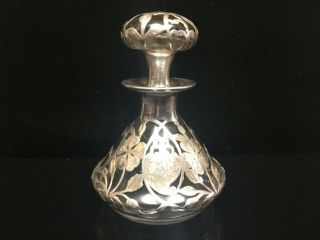 Antique Sterling Silver Deposit Overlay Glass Perfume Bottle Monogrammed 5.  5 "