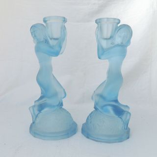 2 X Vintage Art Deco 1930`s Blue Frosted Lady Candlesticks