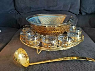 Vintage Mcm Culver Seville Blue Gold Punch Bowl 12 Roly Poly Glasses Caddy Ladle