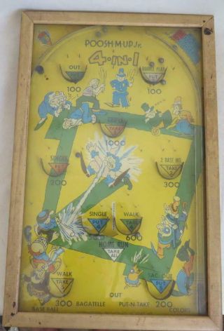 Vintage 1930s Poosh - M - Up Jr.  Table Top Pinball 4 - In - 1 Game Baseball Clowns