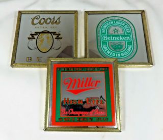 Vintage Small Beer Mirrors Bar Signs 4 1/2 " X 4 1/2 " - Heineken / Coors / Miller