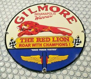 Vintage Gilmore Gasoline Porcelain Red Lion Service Station Pump Plate Sign