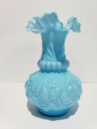 Vintage Fenton Turquoise Blue Milk Glass Ball Roses Ruffled Edge Vase