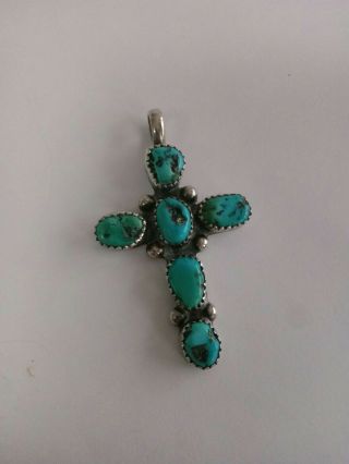 Vintage Sterling Silver Navajo Turquoise Cross Pendant Handcrafted