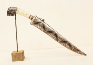 Mughal Dagger Damascus Blade Knife Koftgari Silver Hand Carved Vintage Us97