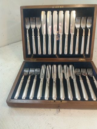 Set Of 24 Antique Silver Plate Fish Knife & Fork Canteen
