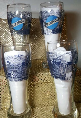 4 Vtg Blue Moon Beer Drinking Glasses 16oz Denver,  Co.  " Belgian Style Wheat