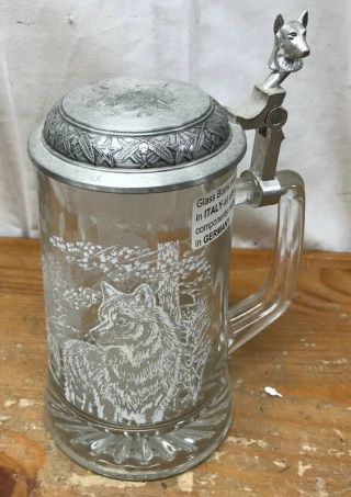 James Meger Glass Timber Wolf Stein German Beer Glass Crystal Stein Cond.