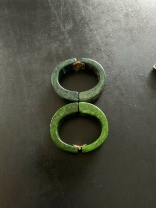 2 Vintage Bakelite Hinged Green Marble/marbled Bangle Bracelets
