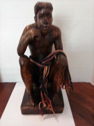 Vintage Pacific Island Hand Carved Wood Statue Man Sitting Anatomically Correct
