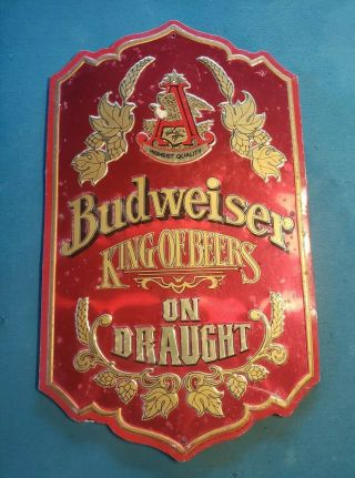 Vintage Budweiser “king Of Beers On Draught” Red Metal Tin Sign Bar Man Cave