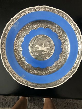 Vintage Mitterteich Blue / Silver Plate Fox Hunting Horse And Dogs Plate/charger
