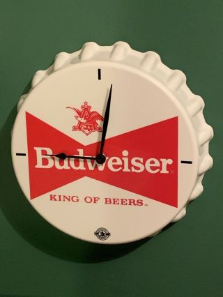 Vtg Budweiser Beer Bottle Cap Wall Clock King Of Beers Collectible Man Cave