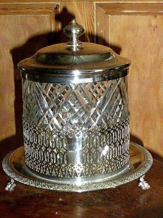 Stunning Antique Cut Glass Biscuit Barrel With Silver Plated Lid & Tray