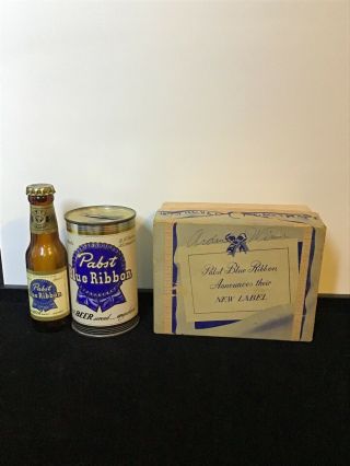 Vintage Promotional Box Set Of Pabst Blue Ribbon Beer Bottle & Can (69)