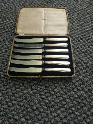 A Set Of 6 Antique Sterling Silver Knives In The Box Scrap Of Use,  Job