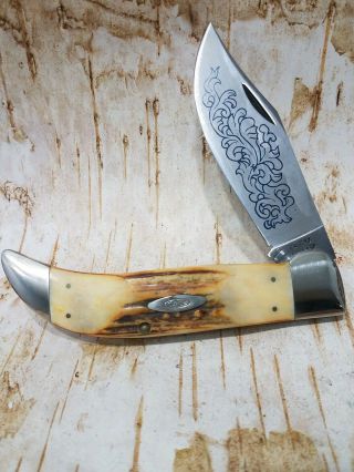 Vintage Usa Case Xx 1977 Stag Blue Scroll Clasp Knife