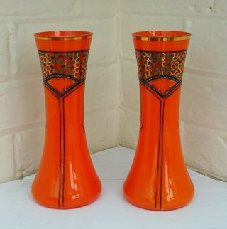 Vintage Art Deco Tango Vases,  Pair Czech hand painted orange vases,  Bohemian 2
