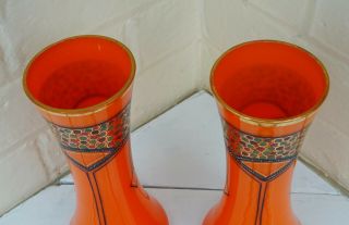Vintage Art Deco Tango Vases,  Pair Czech hand painted orange vases,  Bohemian 3