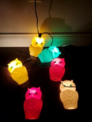 Vintage String Of 6 Blow Mold Plastic Owls Patio Rv Camping Party Lights Set