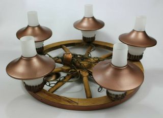 Vintage Large 24 " Wagon Wheel 5 - Light Chandelier With Globes & Copper Shades
