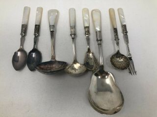 Antique Mother Of Pearl Handle Silver Plate Serving Ladles Spoons Sifter Fork