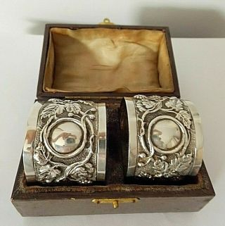 Antique Hallmarked Solid Silver - Cased Napkin Rings B 