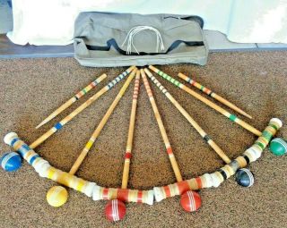 Vintage All Wooden Croquet Set 6 - Player With Carry Bag