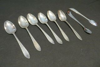 Six Sterling Silver Coffee Spoons And Matching Sugar Tongs 83.  8g
