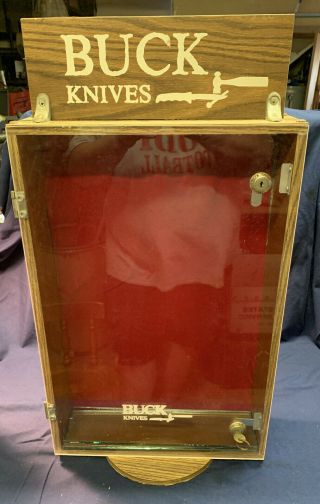 Vintage 1970s Era Wood Buck Knives Knife Advertising Store Display Case Hard