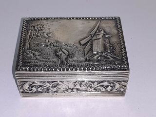 Antique Silver Pill Box - Sterling? Hallmarks - Windmill Scene - 2 In - 1.  9 Ozt - Trinket?