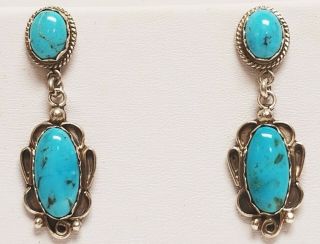 Vintage Navajo Old Pawn Turquoise Sterling Silver Pierced Dangle Earrings 1.  5 "