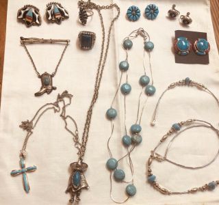16 Piece Group Of Turquoise & Sterling Silver Vintage Jewelry Rings Etc