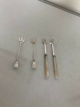 Two Pairs Of Solid Silver And Mother Of Pearl Pickle Forks