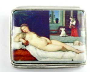 Victorian Style Enamel Erotic Lady Pill Snuff Box 925 Silver