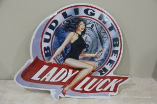 1990s Bud Light Lady Luck Bomber Plane Pinup Beer Bar Pub Tin Advertising Sign