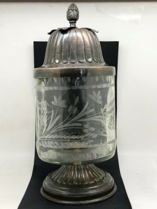 Silverplate & Etched Glass Covered Jar