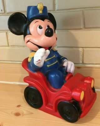 1977 Vintage Walt Disney Mickey Mouse Driving Red Car Piggy Bank No Stopper