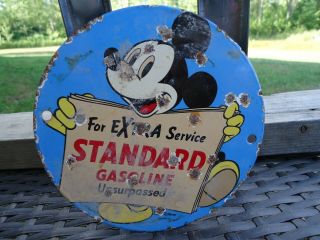Old Vintage 1930s Standard Motor Oil Porcelain Gas Station Pump Door Sign Mickey