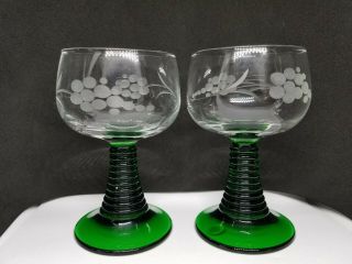 2 German Roemer Wine Glasses Goblet Etched Grapes Green Beehive Stem