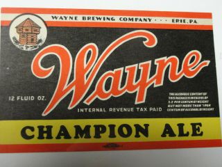 Wayne Champion Ale Bottle Label Wayne Brewing Co.  Erie Pa 1940 
