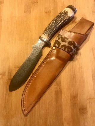 Custom Hand Forged Damascas Hunter Stag & Horn Knife,  Signed Craig Stekette,  USA 2