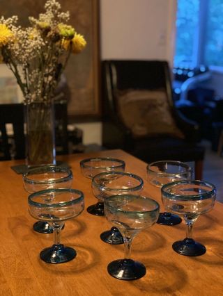 Vintage Cobalt Blue Margarita Glasses (7),  Hand - Blown In Mexico 6”h X 5”w,  16 Oz